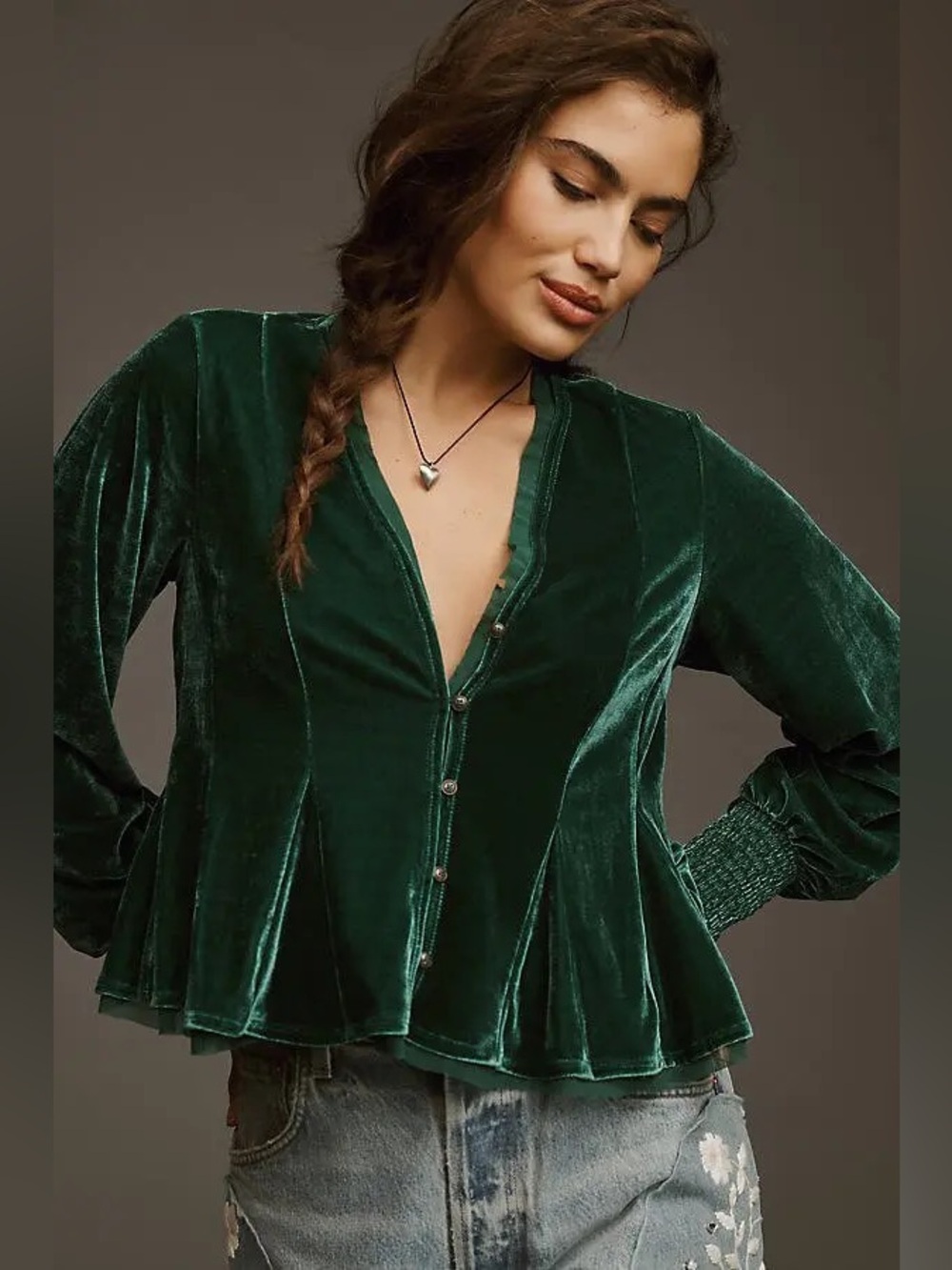NWT Anthropologie Swing Velvet Peasant Top Emerald Green Whimsigoth Size XS